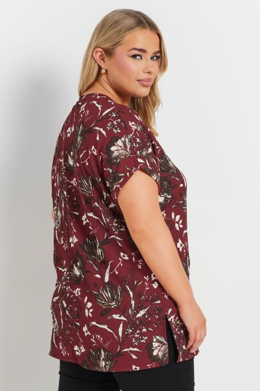 YOURS Plus Size Burgundy Red Floral Print Textured Eyelet Top | Yours Clothing  3