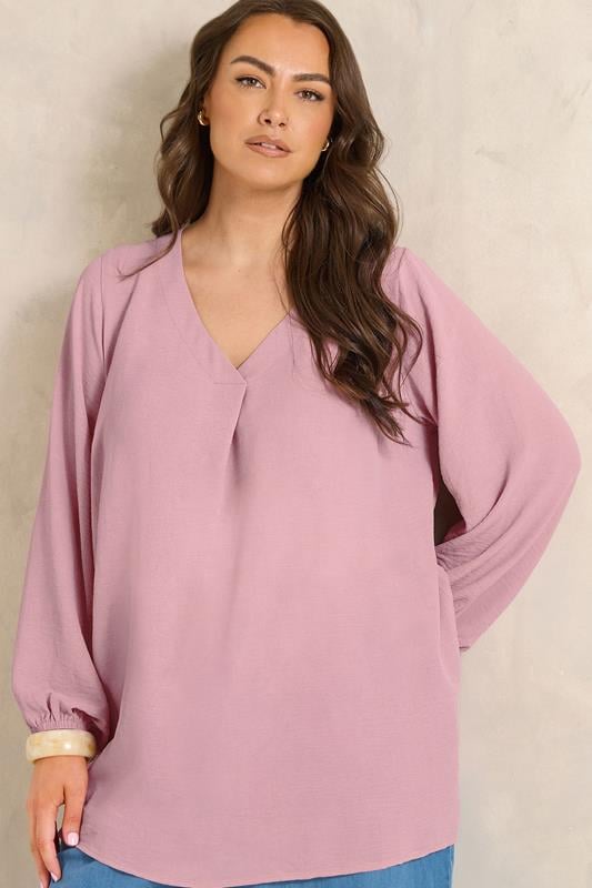 EVANS Plus Size Pink Pleat Front Long Sleeve Blouse | Evans 1