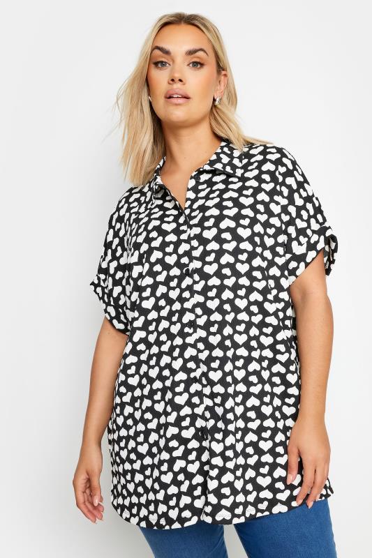 YOURS Plus Size Black Heart Print Structured Shirt | Yours Clothing 1