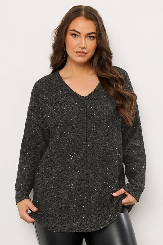 Plus Size  EVANS Curve Black Sequin Embellished V-Neck Jumper