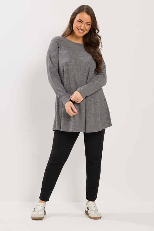 YOURS Plus Size Grey  Soft Touch Ribbed Long Sleeve Top | Yours Clothing 1