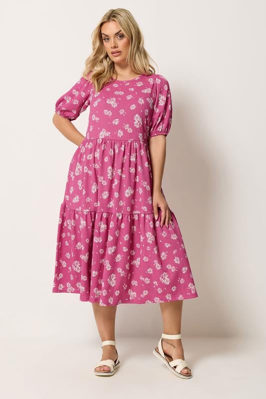 YOURS Plus Size Pink Daisy Tiered Midi Dress | Yours Clothing 1