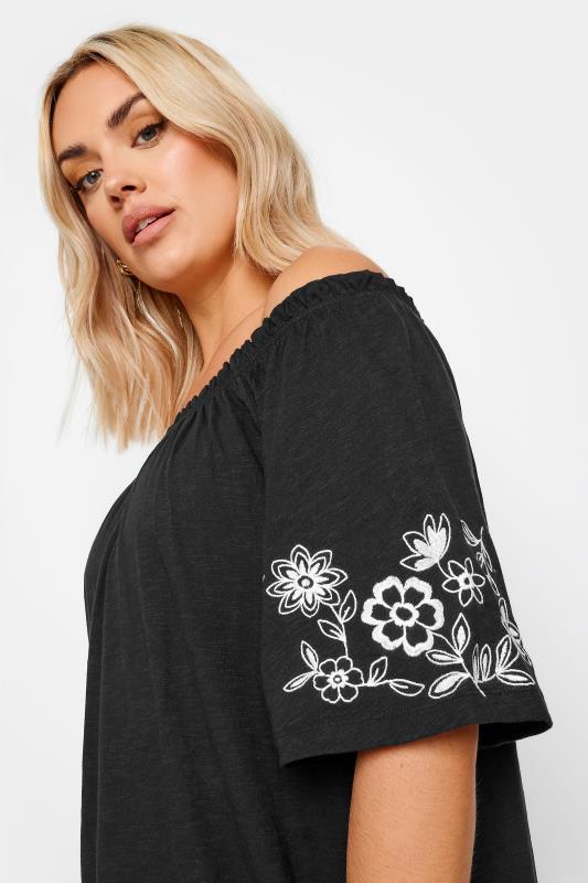 YOURS Plus Size Black Embroidered Bardot Midi Dress | Yours Clothing 4