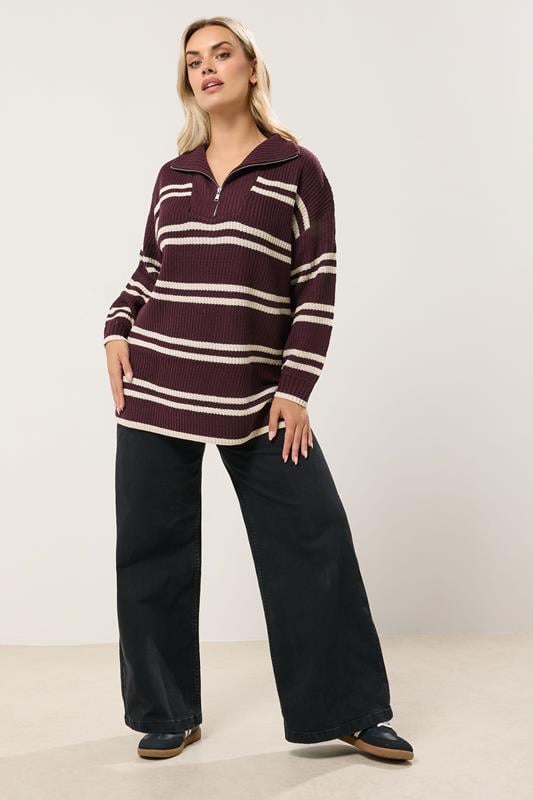 YOURS Plus Size Red Stripe Quarter Zip Jumper | Yours Clothing 1