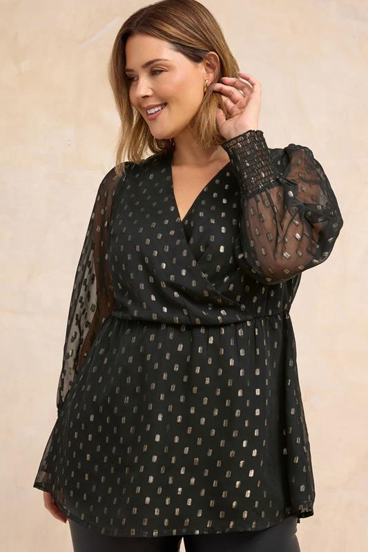Plus Size  EVANS Curve Black Foil Polka Dot Wrap Blouse