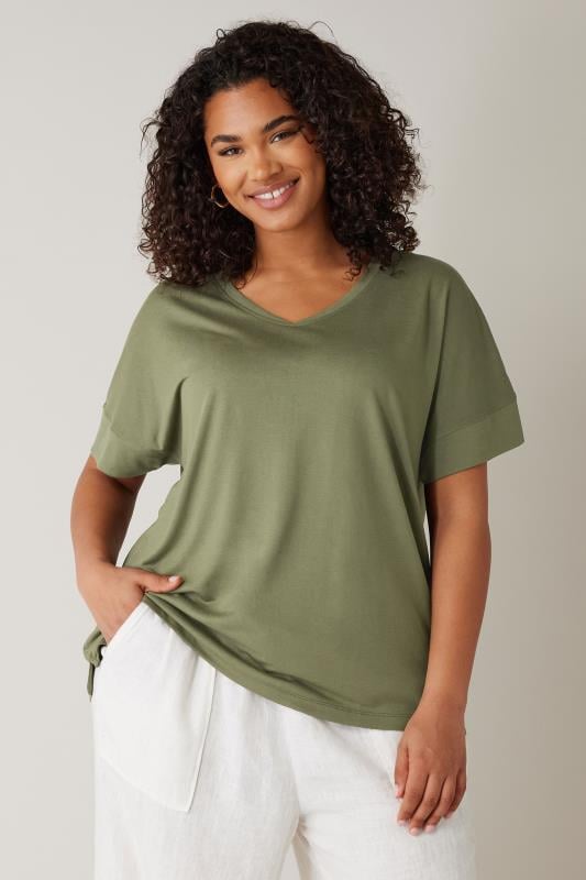 EVANS Plus Size Khaki Green V-Neck Modal Rich T-Shirt | Evans 1