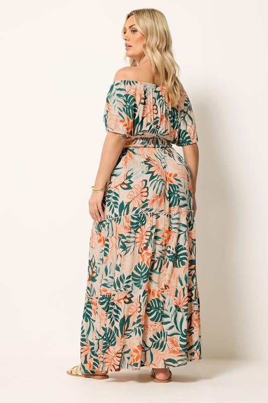 YOURS Plus Size Cream Leaf Tie Neck Bardot Maxi Dress | Yours Clothing 5