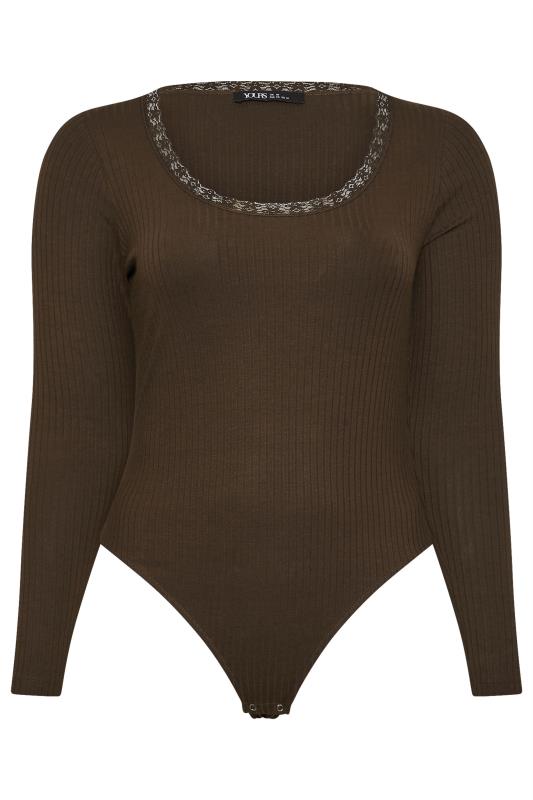 YOURS Plus Size Chocolate Brown Lace Trim Bodysuit | Yours Clothing  5