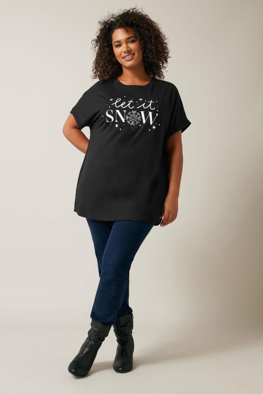 EVANS Plus Size Black 'Let It Snow' Slogan T-Shirt | Evans 3