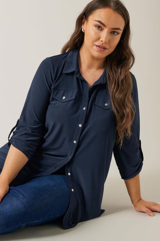 EVANS Plus Size Navy Blue Tab Sleeve Blouse | Evans  4