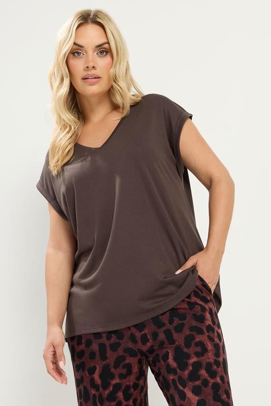  YOURS Curve Chocolate Brown V-Neck Basic T-Shirt