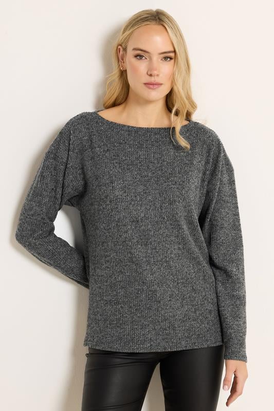 LTS Tall Charcoal Grey Ribbed Soft Touch Batwing Top