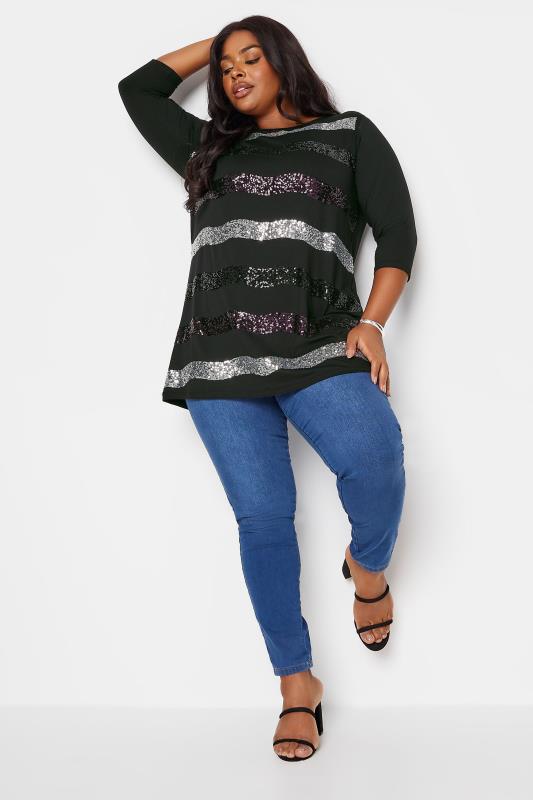 YOURS Plus Size Black Stripe Sequin Embellished Top | Yours Clothing 2