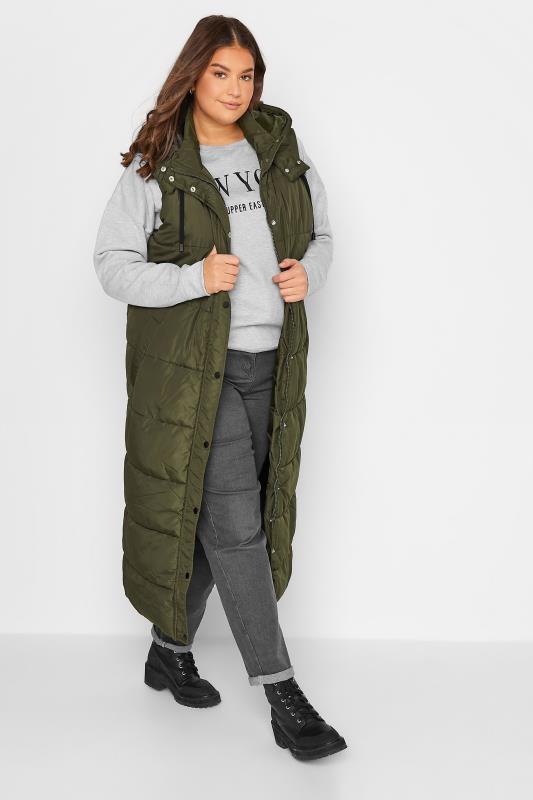 LTS Tall Women's Khaki Green Hooded Midaxi Puffer Gilet | Long Tall Sally 1