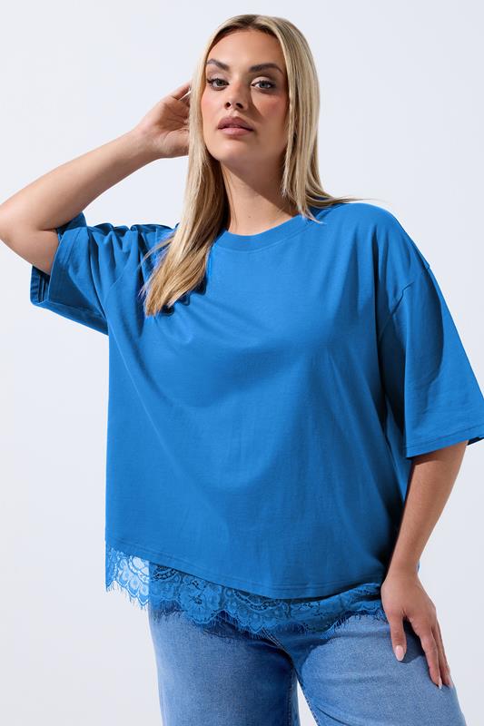 LIMITED COLLECTION Curve Cobalt Blue Lace Hem T-Shirt