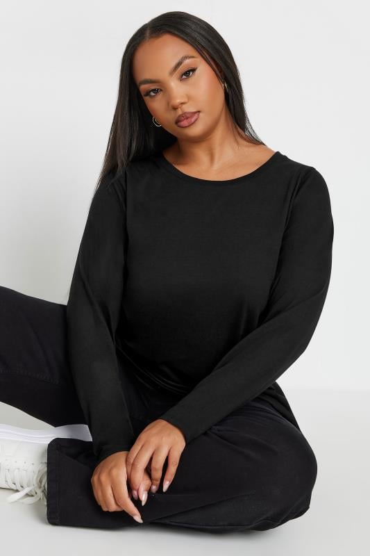 Plus Size Basic T-Shirts & Vests YOURS Curve Black Cotton Long Sleeve T-Shirt