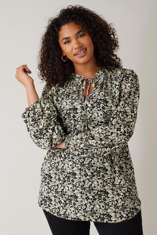 EVANS Plus Size Black Floral Print Tie Neck Blouse | Evans 1