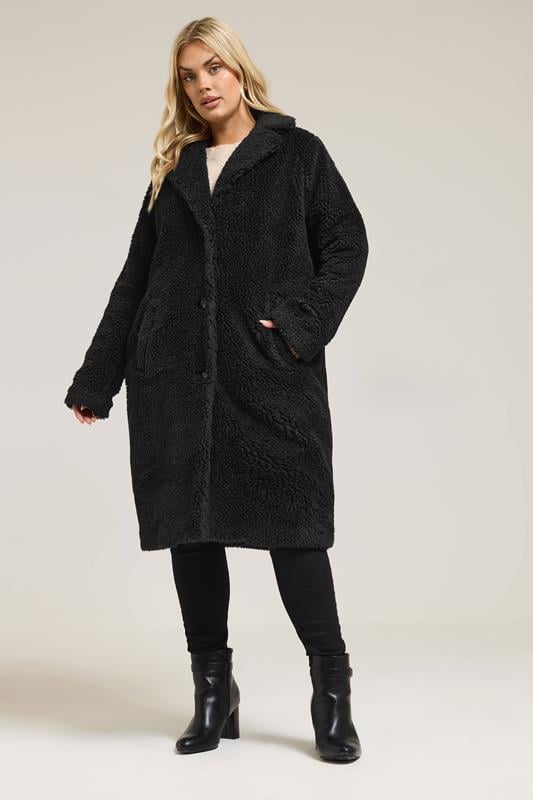 YOURS Plus Size Black Teddy Borg Midi Coat | Yours Clothing 1