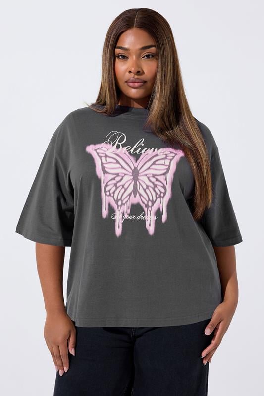 LIMITED COLLECTION Curve Grey 'Believe' Butterfly Graphic Oversized T-Shirt