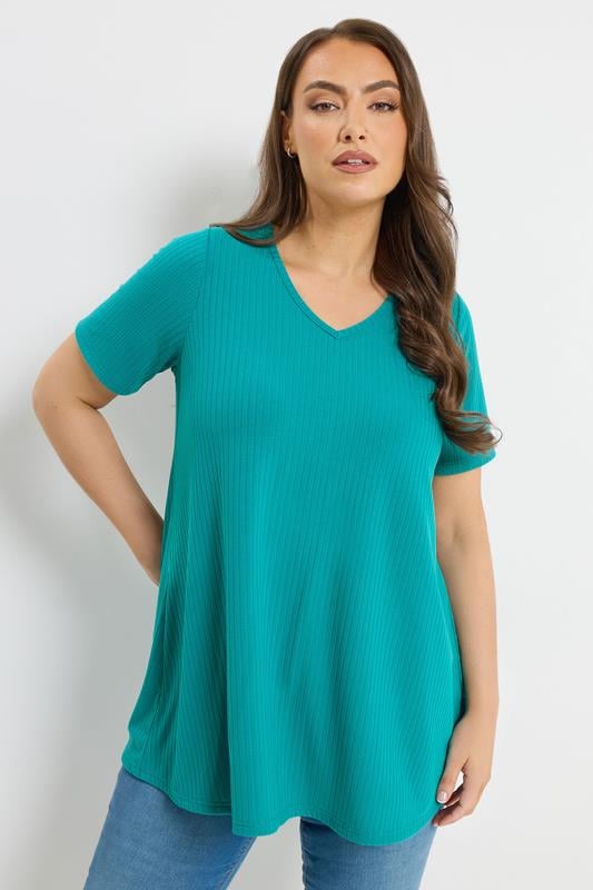  YOURS Curve Turquoise Blue Ribbed Swing V-Neck T-Shirt