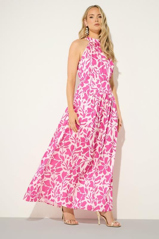 LTS Tall Pink Abstract Satin Halterneck Maxi Dress
