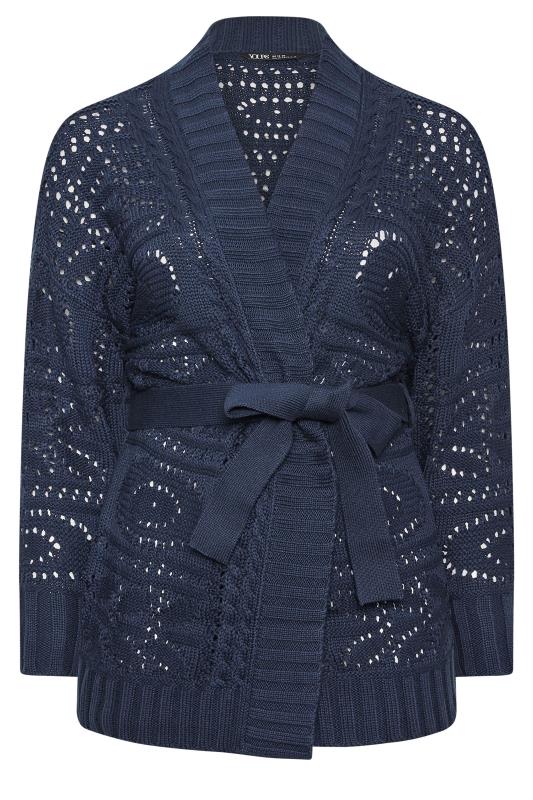 YOURS Plus Size Navy Blue Pointelle Belted Cardigan | Yours Clothing 5