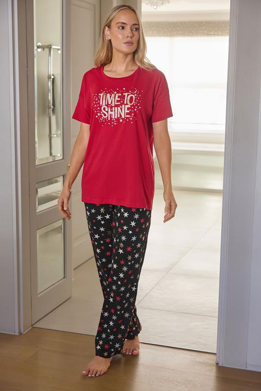  LTS Tall Red 'Time To Shine' Slogan Wide Leg Cotton Pyjama Set