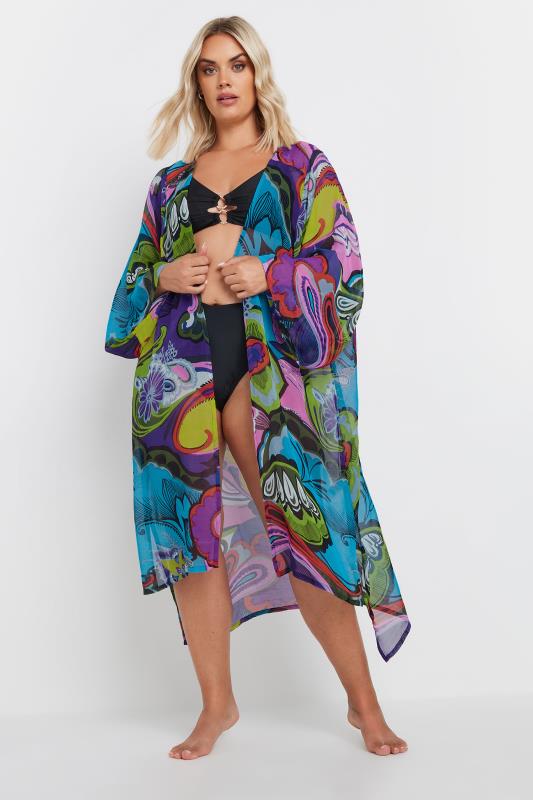 YOURS Plus Size Purple Abstract Print Beach Shirt | Yours Clothing 3