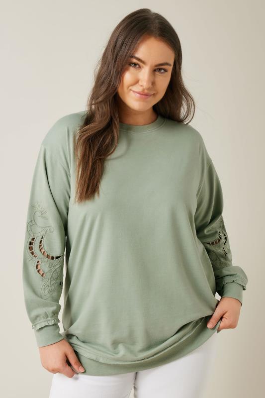 EVANS Plus Size Sage Green Cutwork Crew Neck Sweatshirt Evans