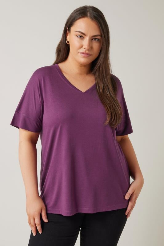 EVANS Plus Size Purple V-Neck Modal Rich T-Shirt | Evans 1