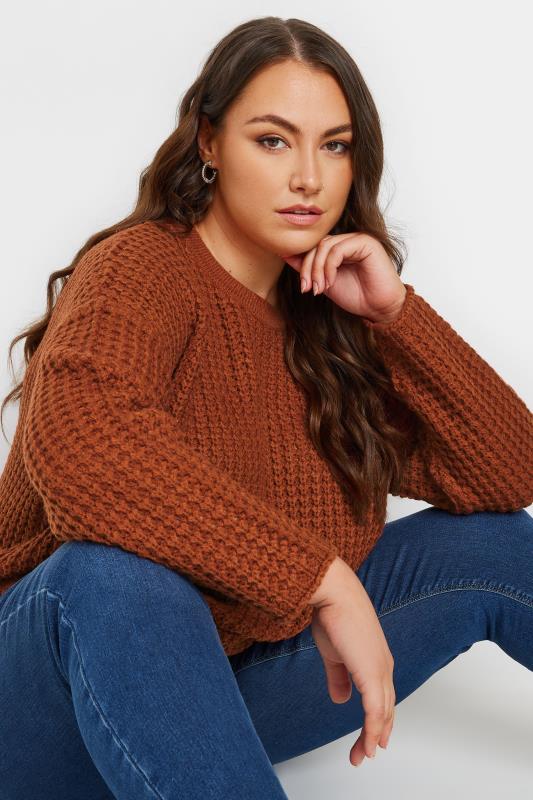 Plus Size  YOURS Curve Rust Orange Waffle Knit Jumper