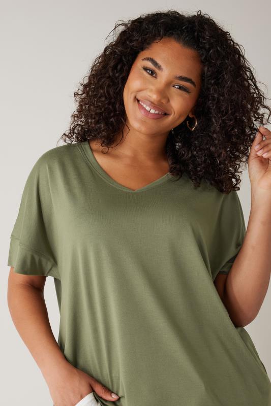 EVANS Plus Size Khaki Green V-Neck Modal Rich T-Shirt | Evans 4