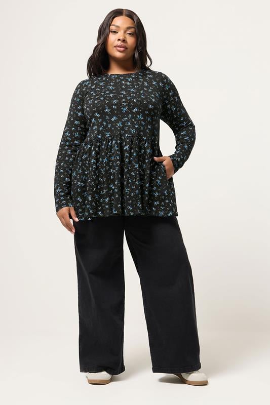 YOURS Plus Size Blue Ditsy Floral Peplum Top | Yours Clothing 1