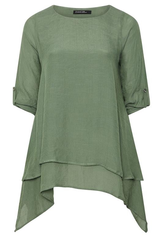  EVANS Curve Khaki Green Double Layer Blouse