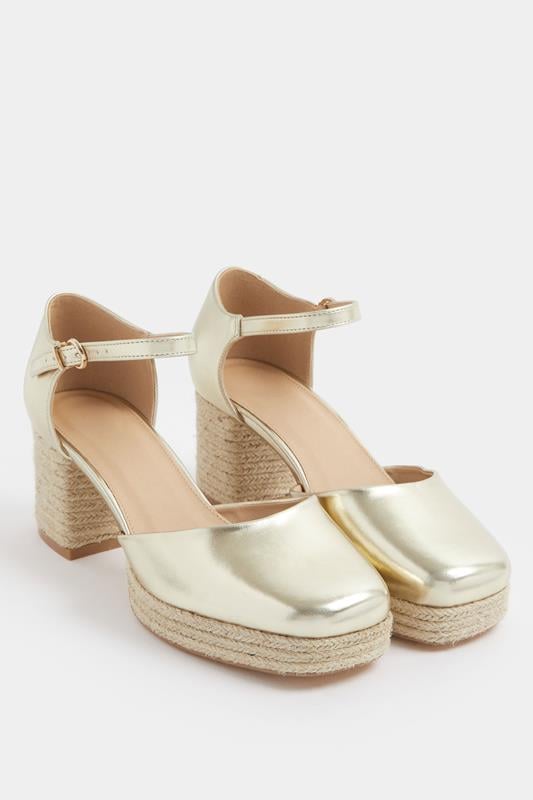 Gold Espadrille Platform Block Heels In Extra Wide EEE Fit | Yours Clothing 1