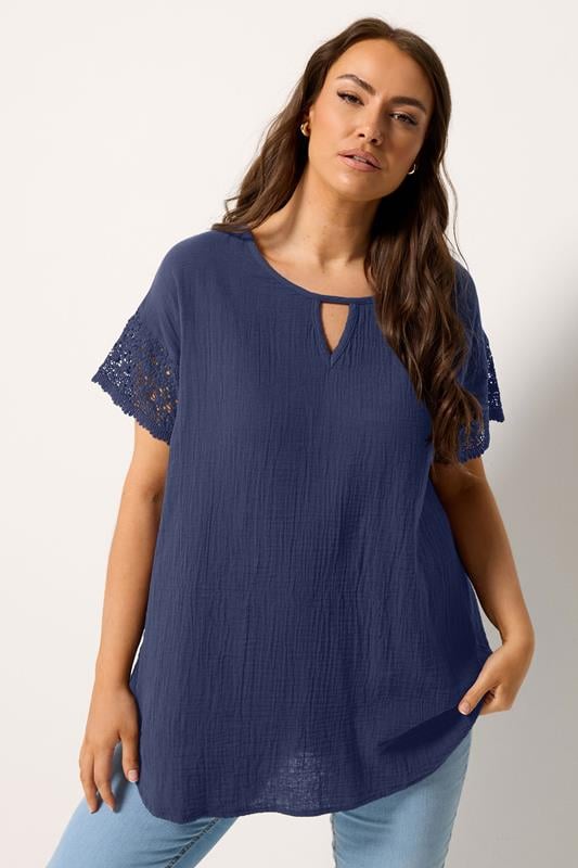 YOURS Curve Navy Blue Crochet Cheesecloth Top
