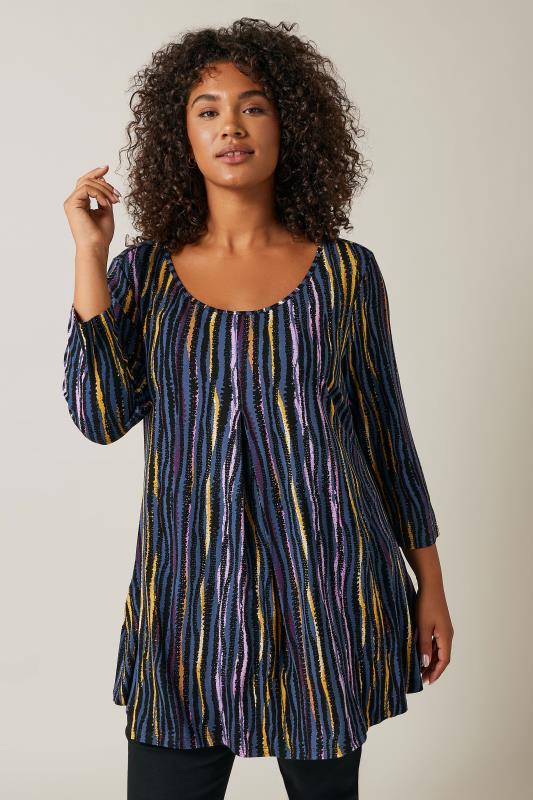 Plus Size  Evans Blue Stripe Print Pleat Front Tunic Top