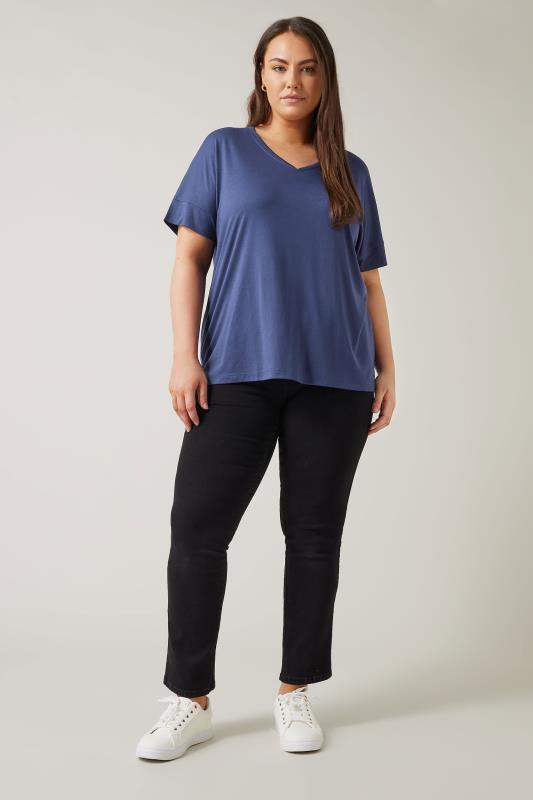 EVANS Plus Size Navy Blue V-Neck Modal Rich T-Shirt | Evans 2