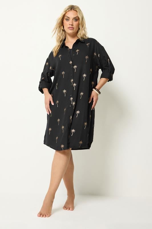  YOURS Curve Black & Gold Palm Tree Shirt Dress