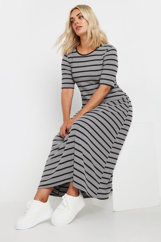 YOURS Plus Size Grey Stripe Ribbed Maxi Dress | Yours Clothing 1