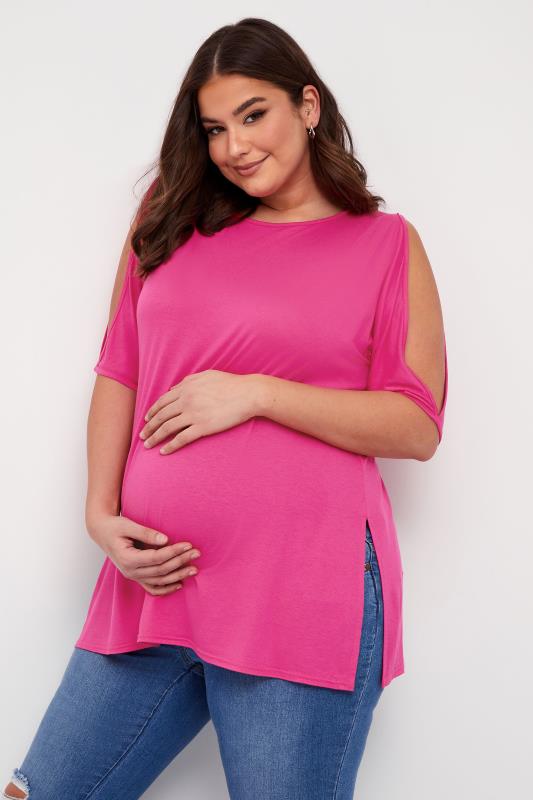 BUMP IT UP MATERNITY Plus Size Pink Cold Shoulder Split Hem Top | Yours Clothing 1