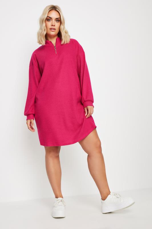 Plus Size  YOURS Curve Pink Ribbed Quarter Zip Jumper Dress