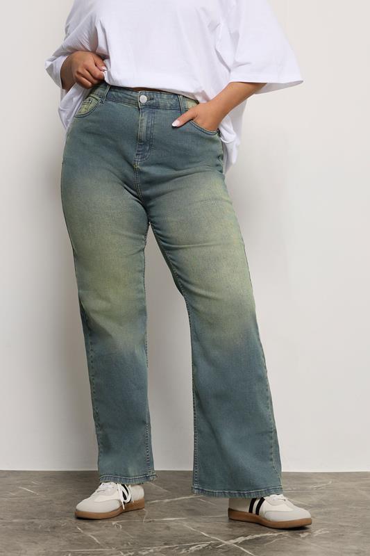 Plus Size  YOURS Curve Blue Washed Effect Wide Leg Jeans