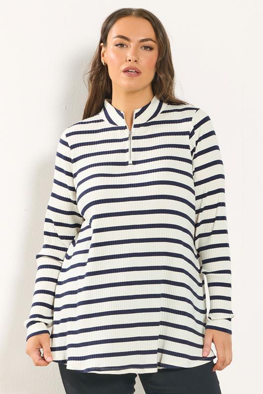 YOURS Curve Ivory White Stripe Zip Neck Top