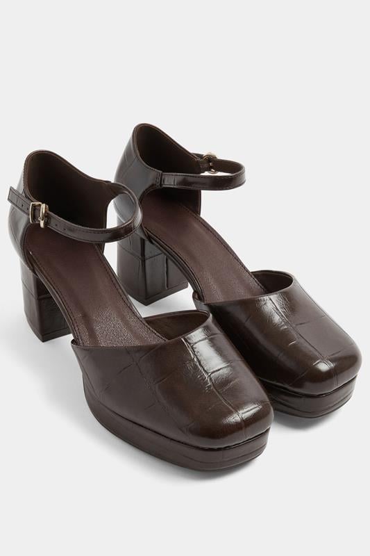 Brown Croc Faux Leather Platform Block Heels In Extra Wide EEE Fit | Yours Clothing 1