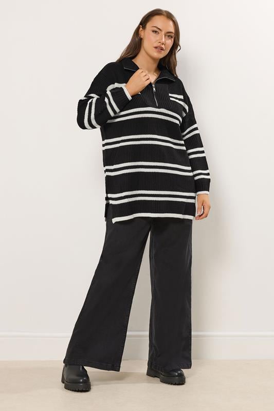 YOURS Plus Size Black Stripe Quarter Zip Jumper | Yours Clothing 1