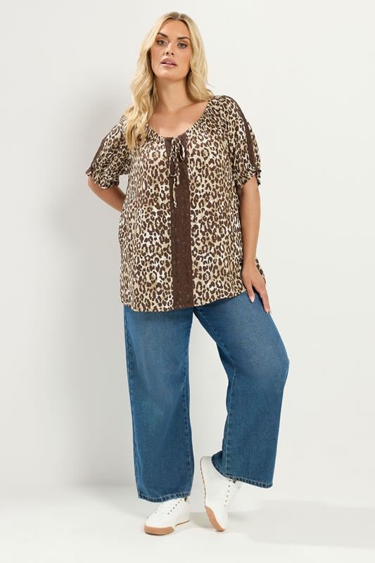 YOURS Plus Size Brown Leopard Crochet Tie Front Top | Yours Clothing 1