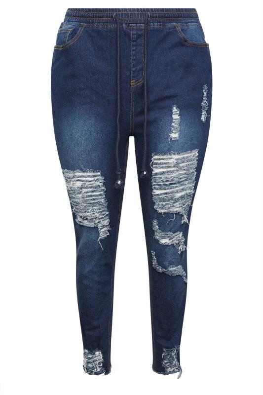 Plus Size Blue Elasticated Waist Ripped Skinny AVA Jeans | Yours Clothing  5