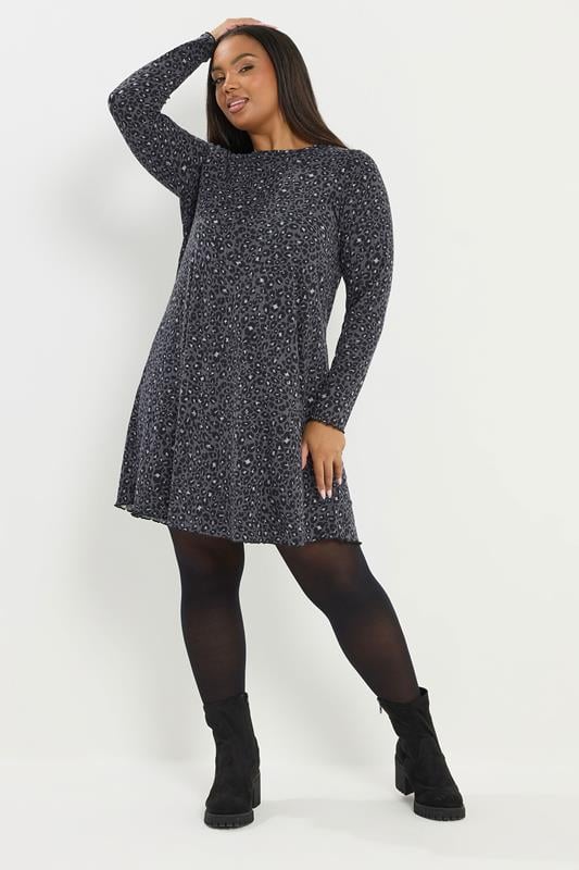 Plus Size  YOURS Curve Grey Leopard Print Ribbed Tunic Dress