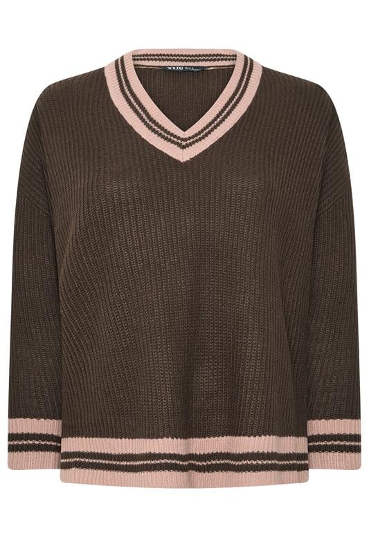 YOURS Plus Size Chocolate Brown Contrast Knitted Jumper | Yours Clothing 1